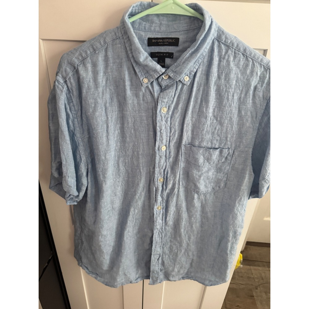 Banana Republic Mens Slim Fit 100% Linen Short Sleeve Button Down Shirt Blue L